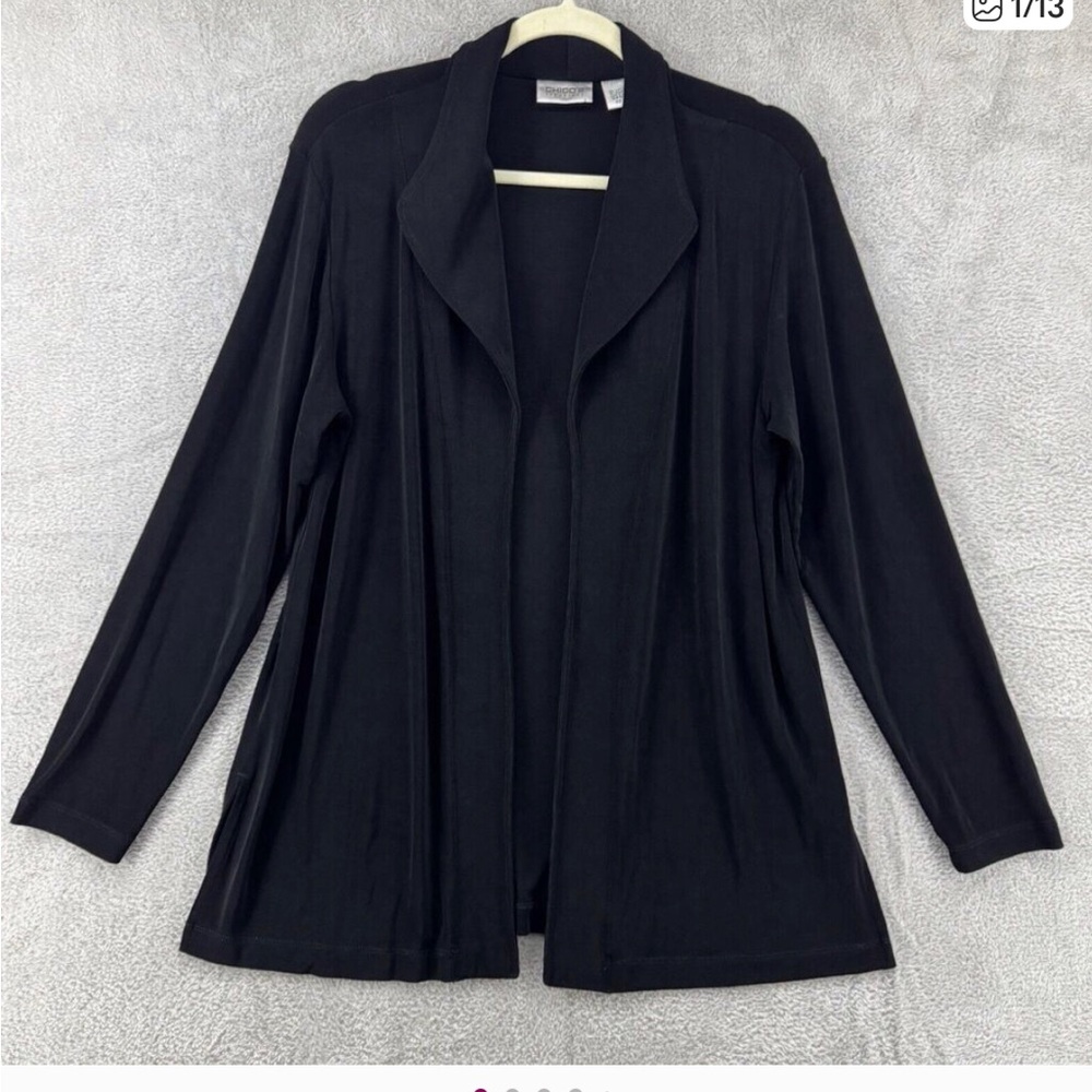 Chicos Travelers Sweater Womens 2 L Black Slinky Stretch Open Front Cardigan